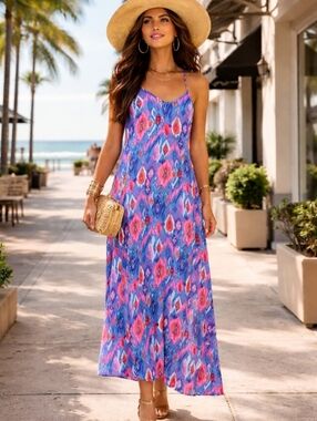 Emily Wonder Ikat Maxi Dress Teal Pink Boho Resort Sundress L
